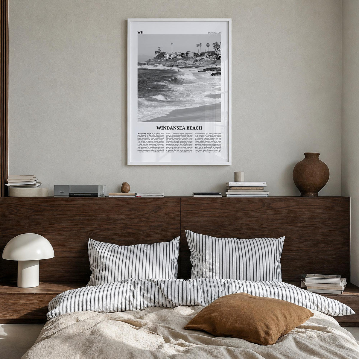 Windansea Beach black & white newspaper poster of California, USA – vertical wall art in white wood frame, hanging on wall