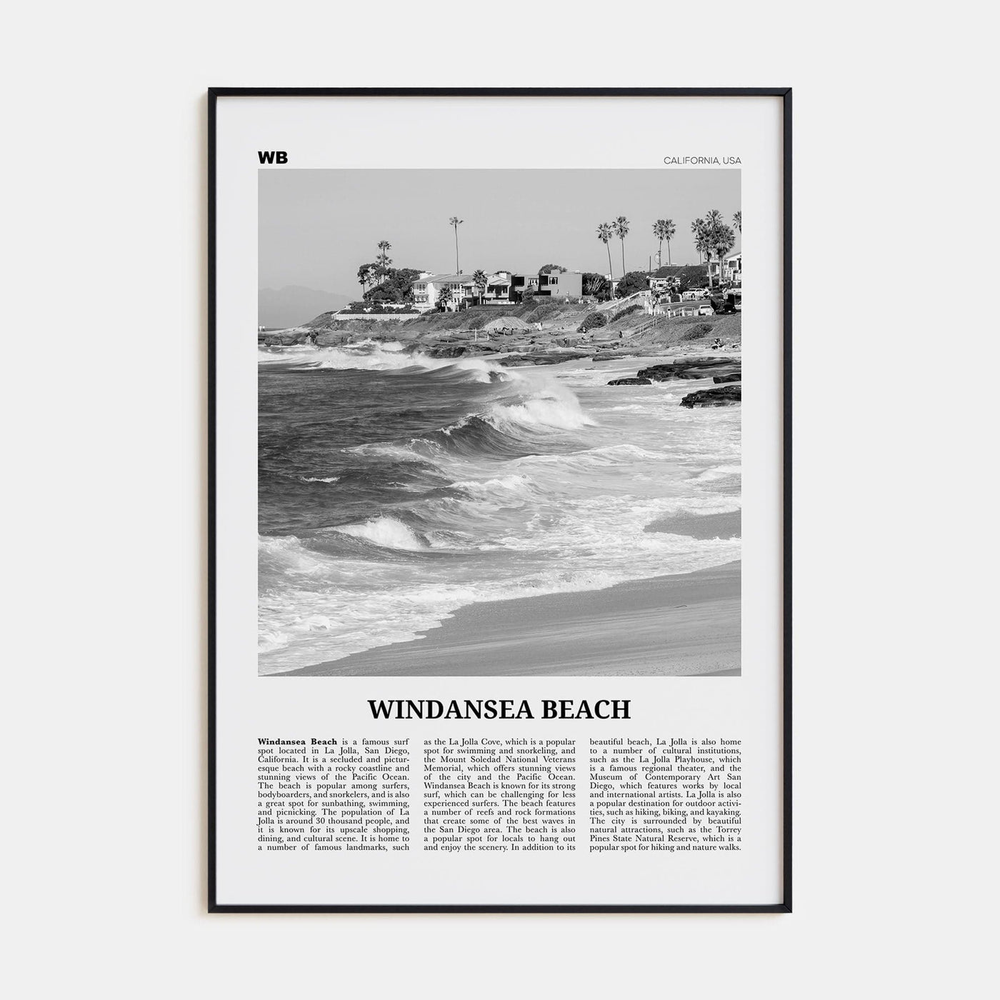 Windansea Beach Poster Black Metal / 8x12 in Nbourhood Travel B&W Poster