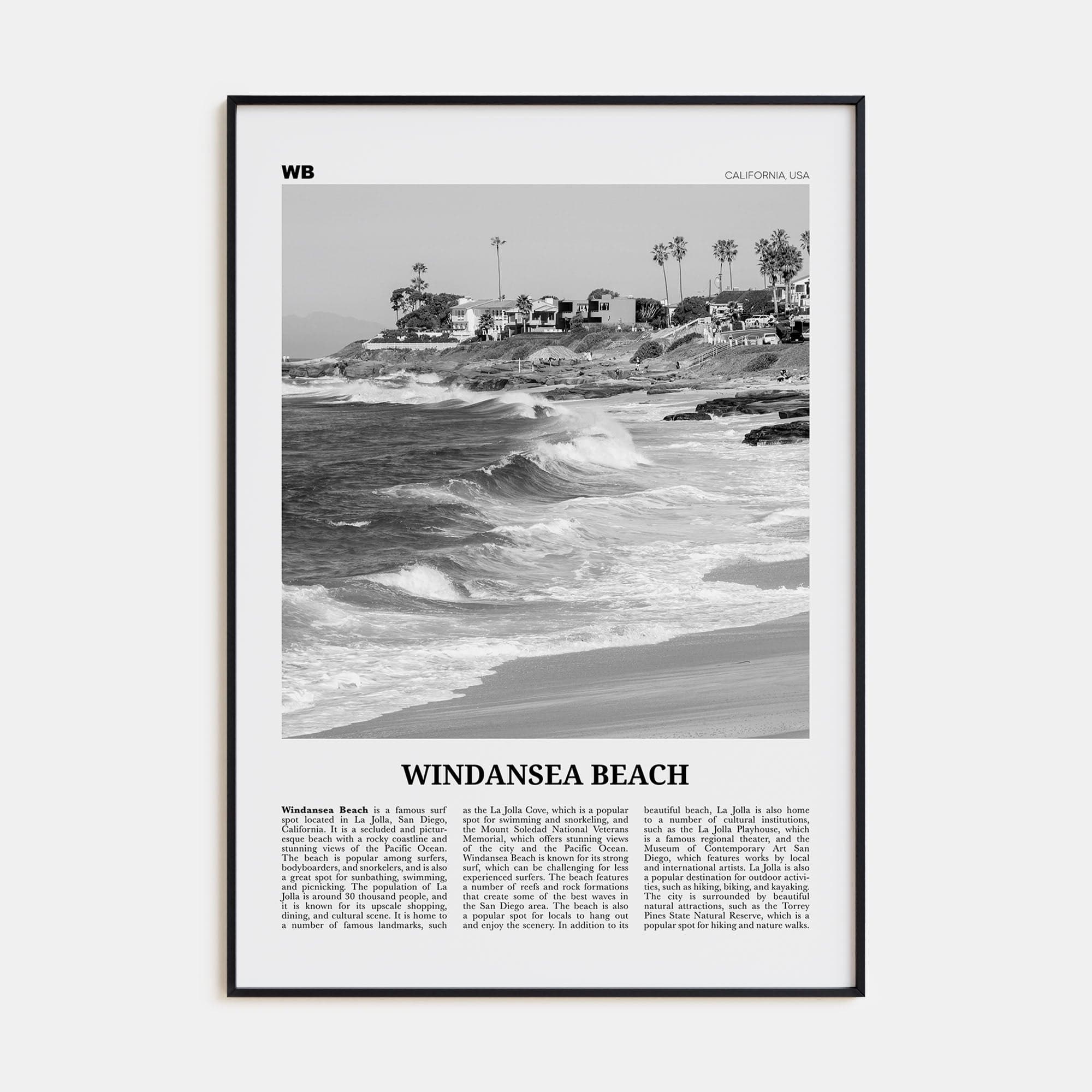 Windansea Beach Poster Black Metal / 8x12 in Nbourhood Travel B&W Poster
