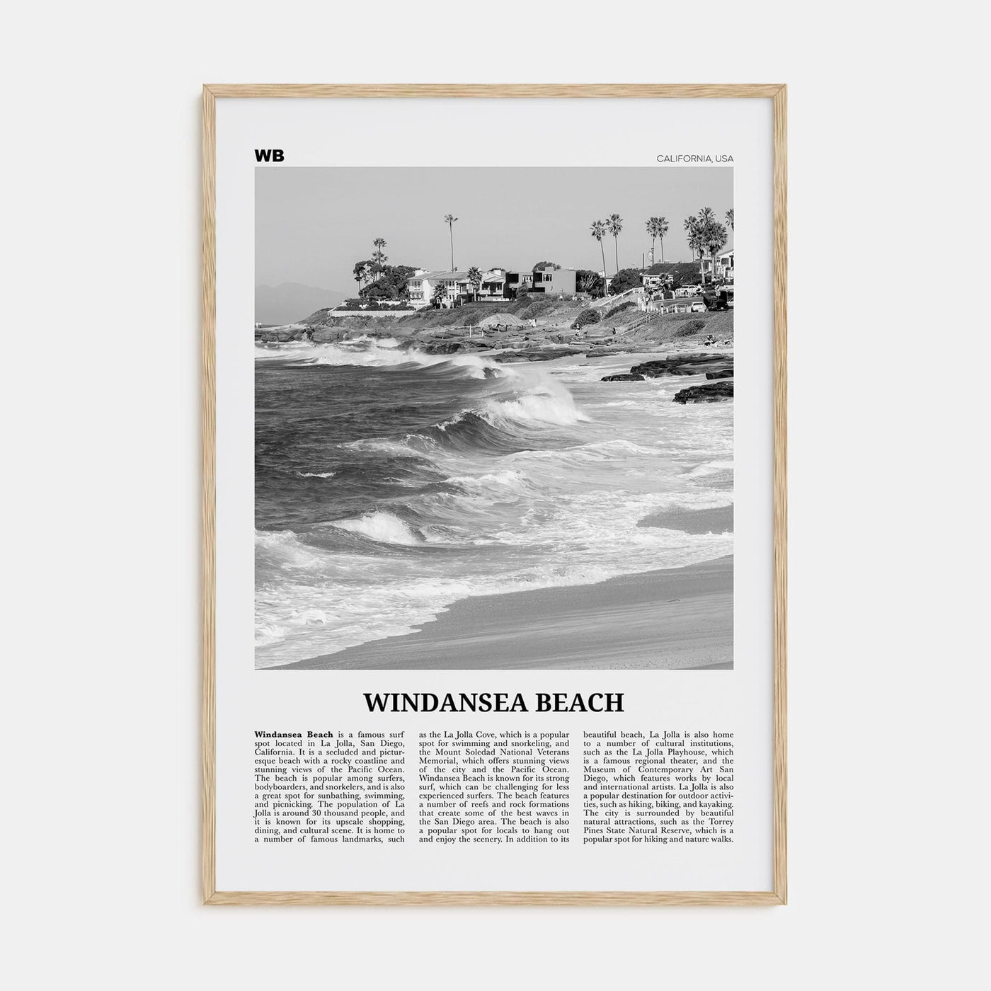 Windansea Beach Poster Natural Wood / 8x12 in Nbourhood Travel B&W Poster
