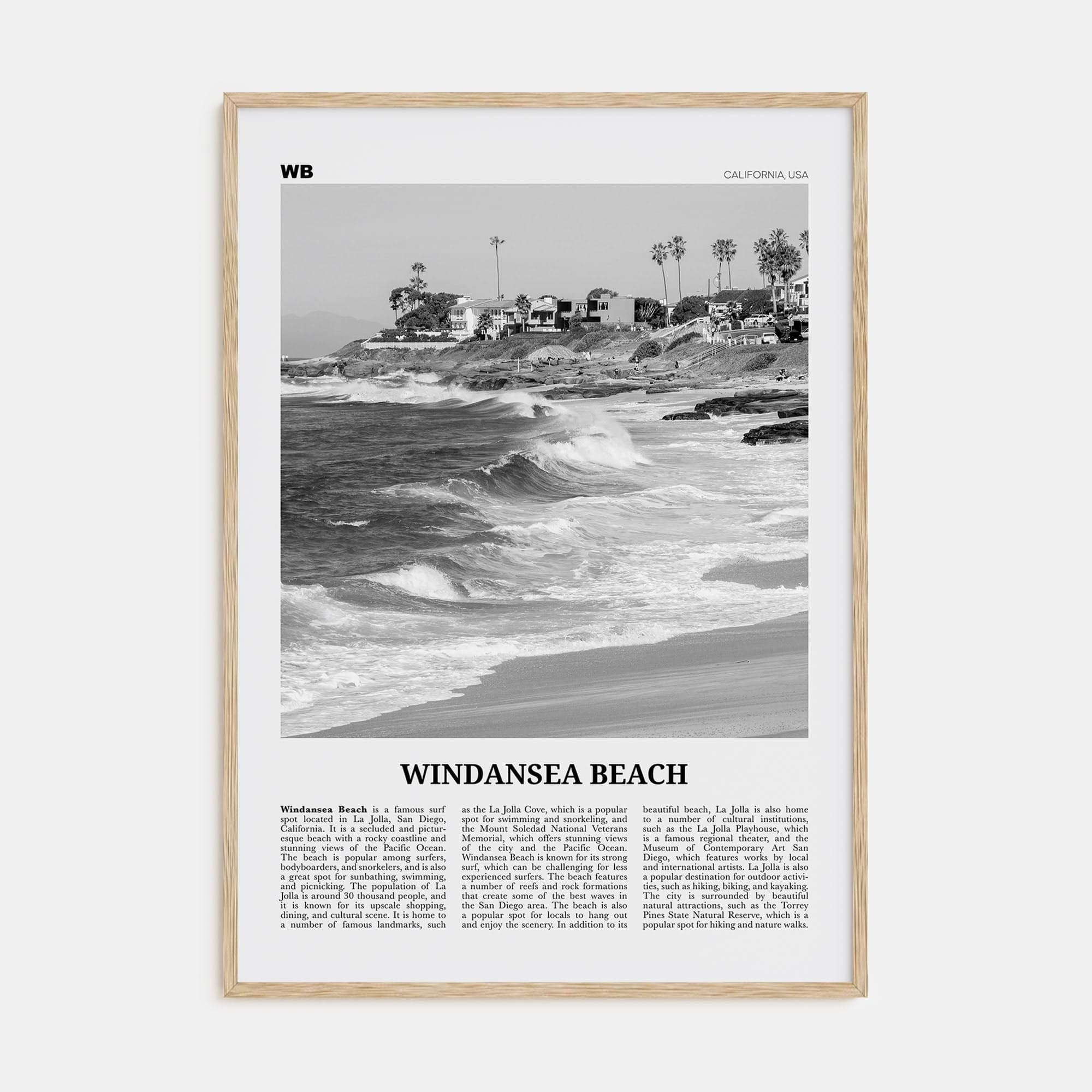 Windansea Beach Poster Natural Wood / 8x12 in Nbourhood Travel B&W Poster