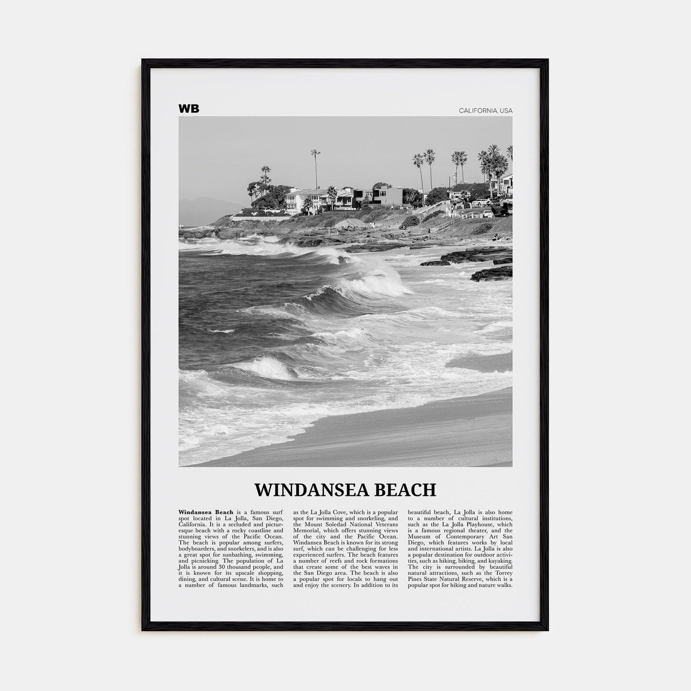 Windansea Beach Poster Black Wood / 8x12 in Nbourhood Travel B&W Poster