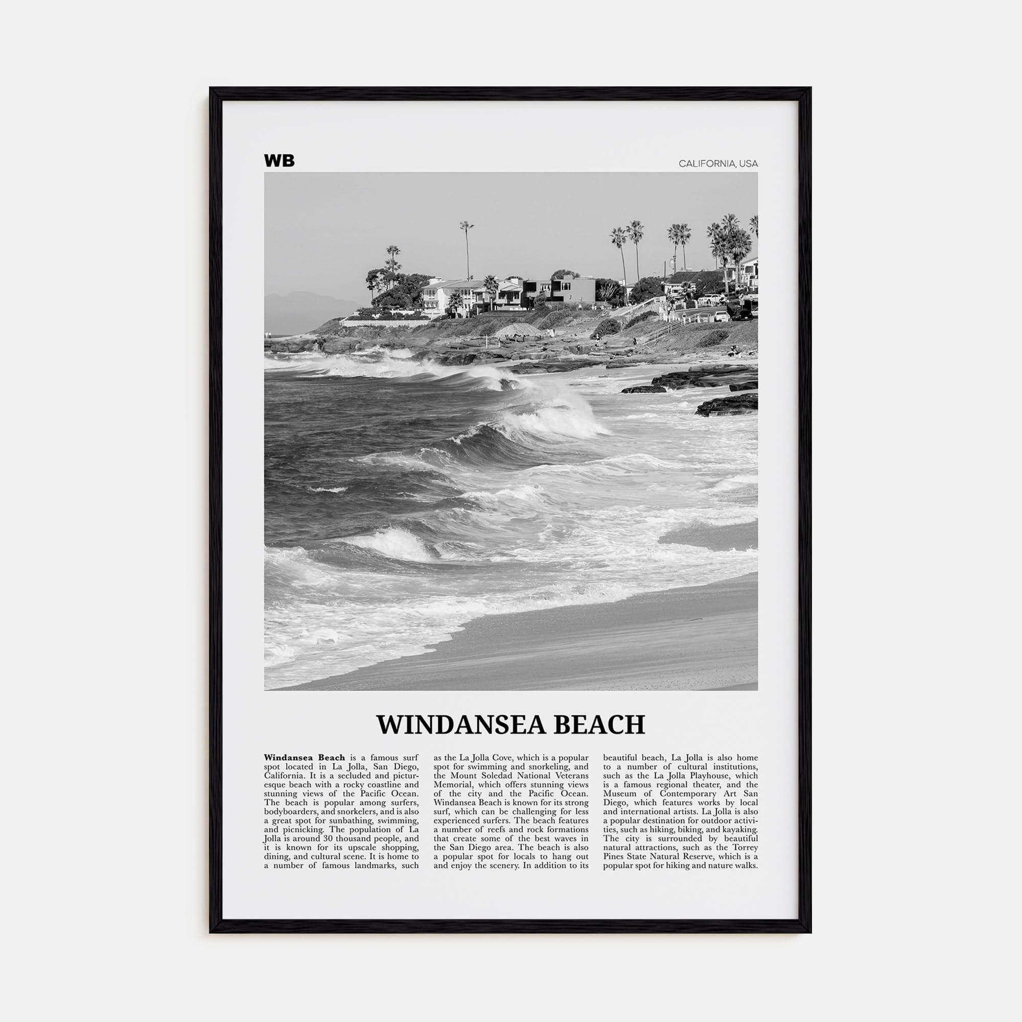 Windansea Beach Poster Black Wood / 8x12 in Nbourhood Travel B&W Poster