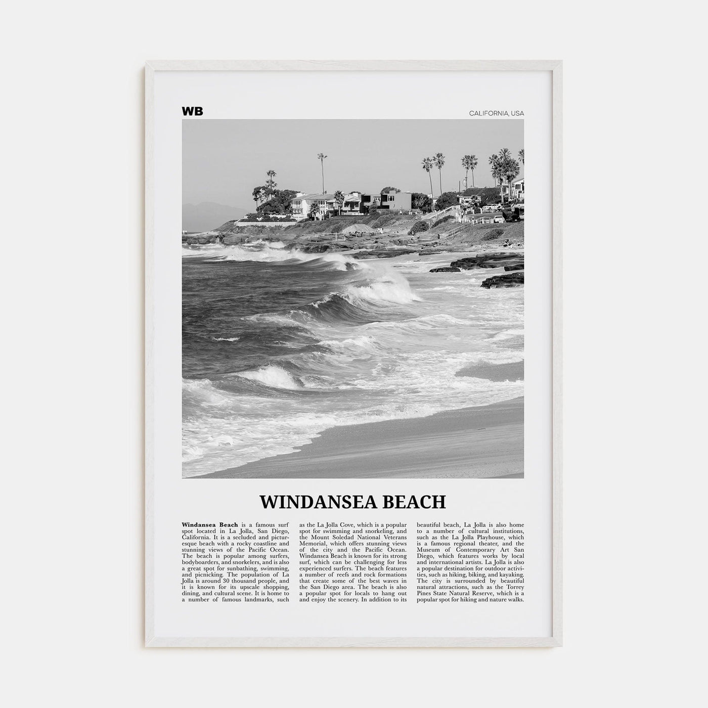 Windansea Beach Poster White Wood / 8x12 in Nbourhood Travel B&W Poster