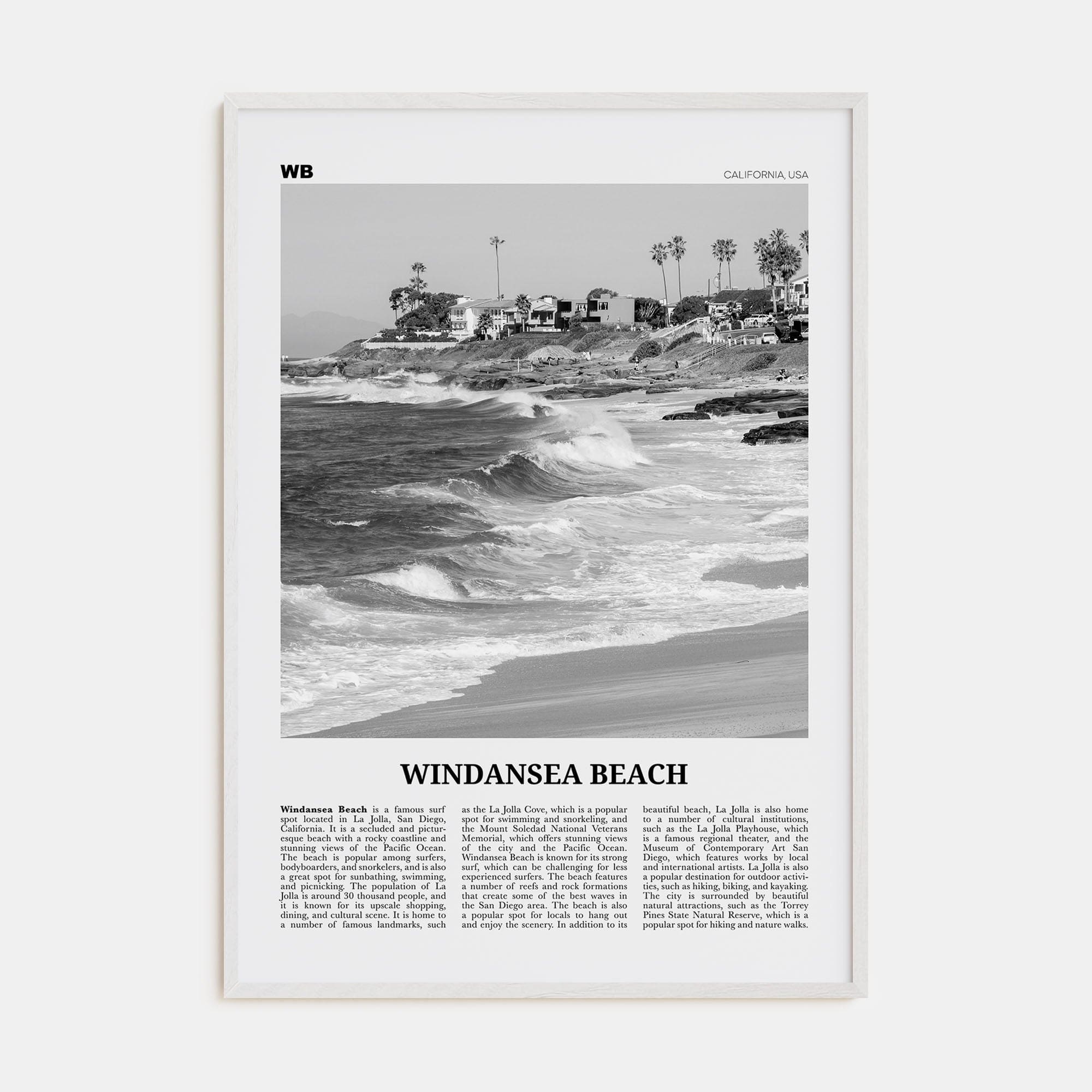 Windansea Beach Poster White Wood / 8x12 in Nbourhood Travel B&W Poster