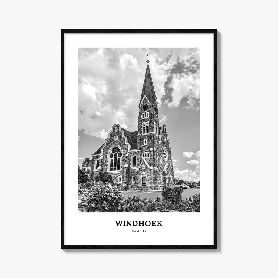 Windhoek black & white classic poster of Namibia – vertical wall art, unframed print shown in interior mockup
