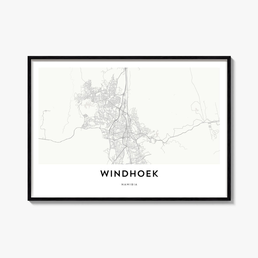 Windhoek black & white map poster of Namibia – horizontal wall art, unframed print shown in interior mockup