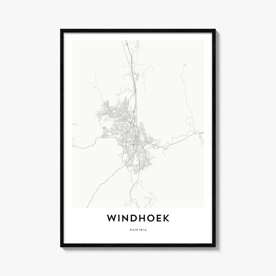 Windhoek black & white map poster of Namibia – vertical wall art, unframed print shown in interior mockup
