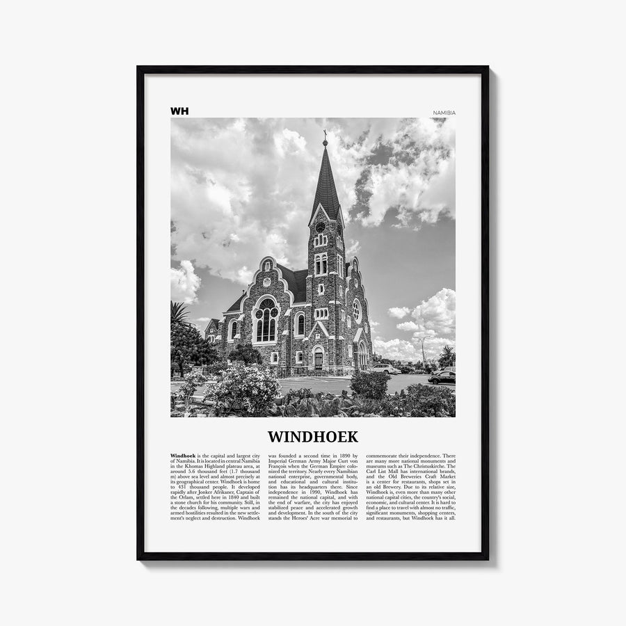 Windhoek black & white newspaper poster of Namibia – vertical wall art, unframed print shown in interior mockup