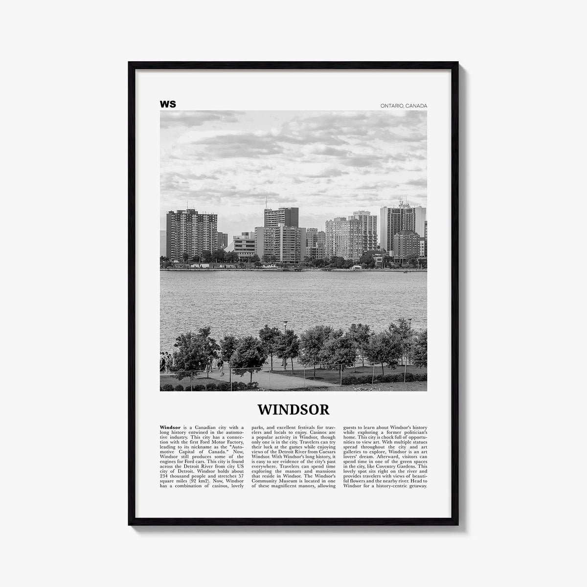 Windsor, Canada black & white newspaper poster of Canada – vertical wall art, unframed print shown in interior mockup