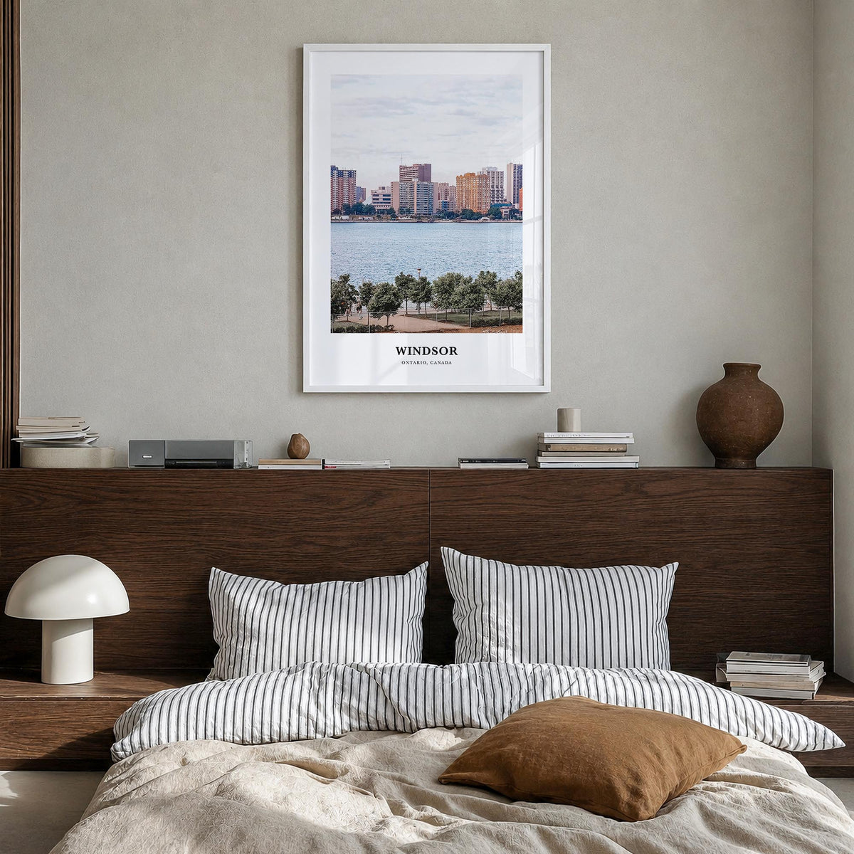 Windsor, Canada colorful classic poster of Canada – vertical wall art in white wood frame, hanging on wall