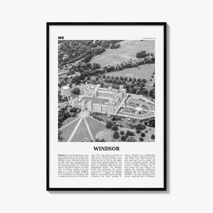 Windsor, England black & white newspaper poster of United Kingdom – vertical wall art, unframed print shown in interior mocku