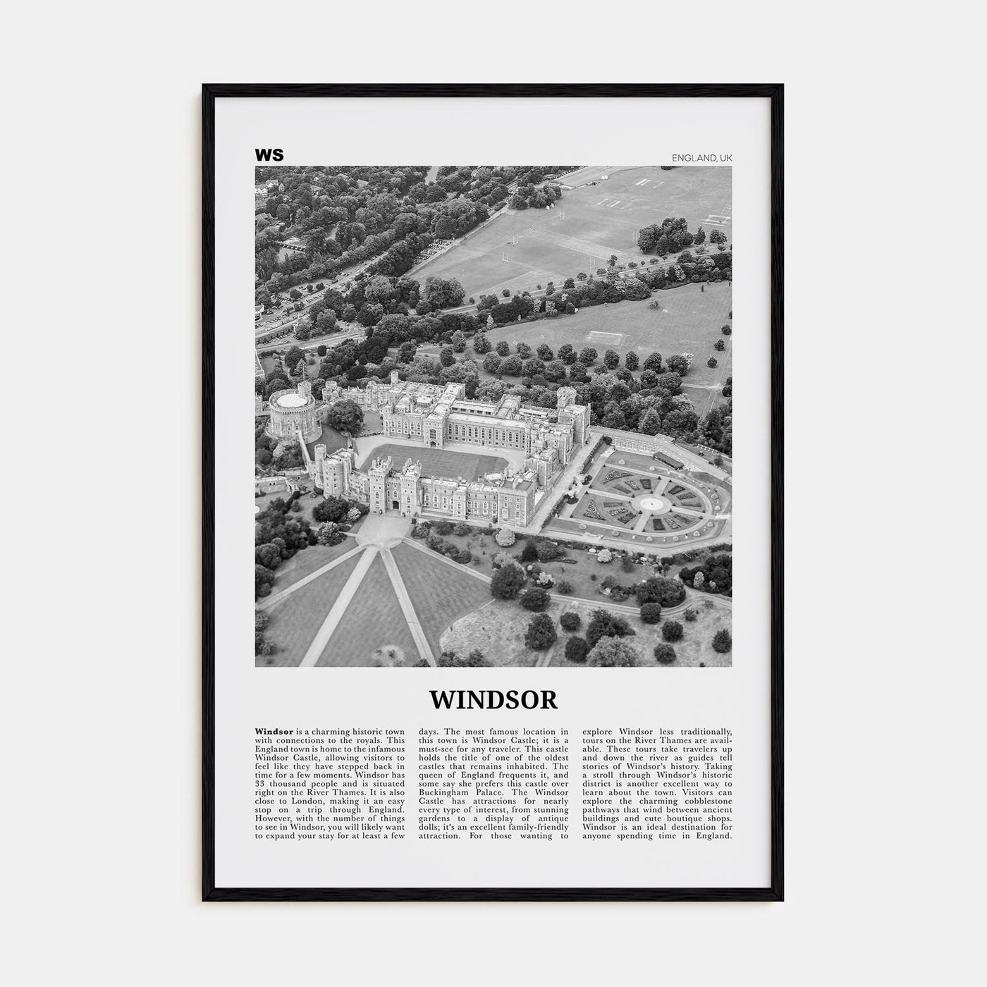 Windsor, England Poster Black Wood / 8x12 in Nbourhood Travel B&W Poster