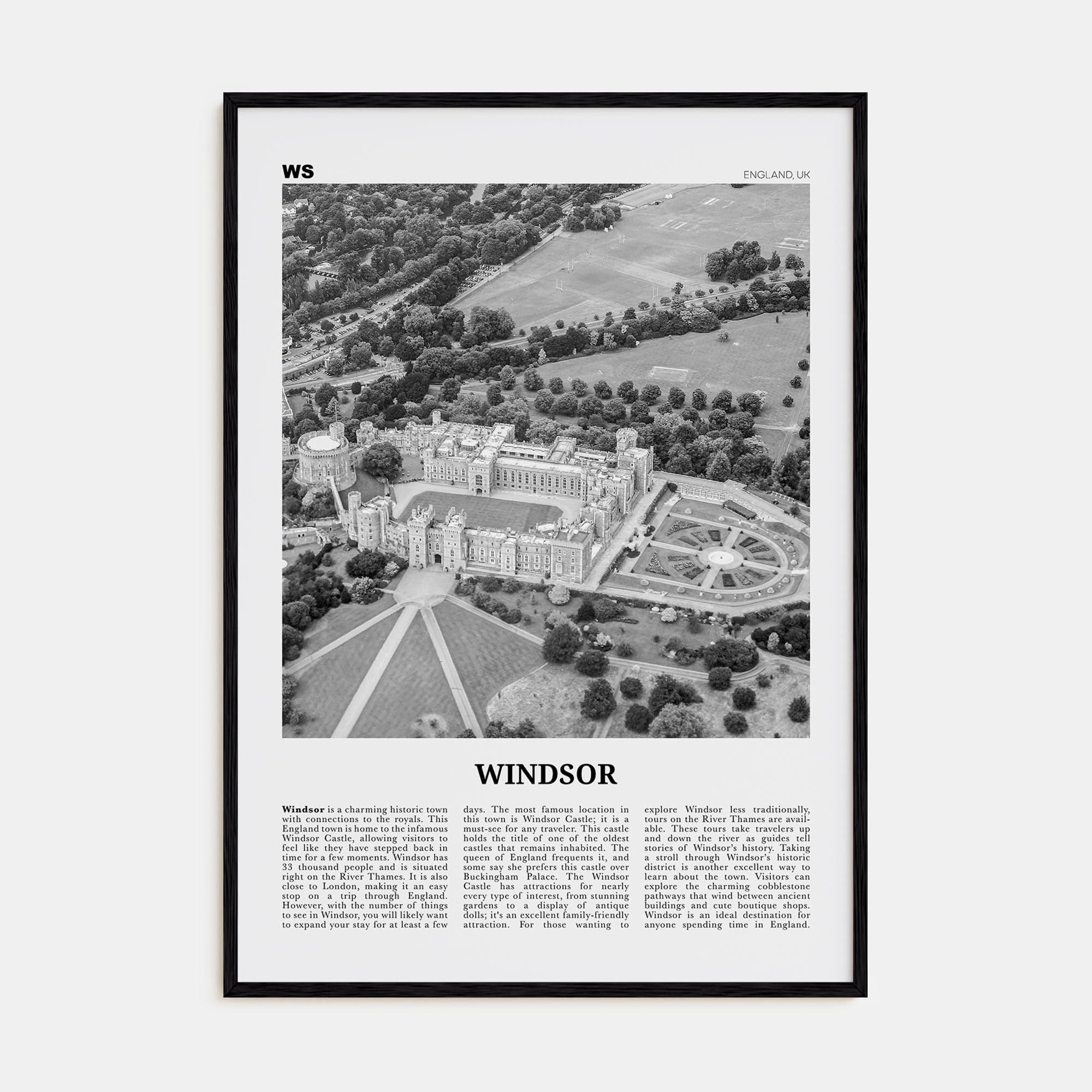 Windsor, England Poster Black Wood / 8x12 in Nbourhood Travel B&W Poster