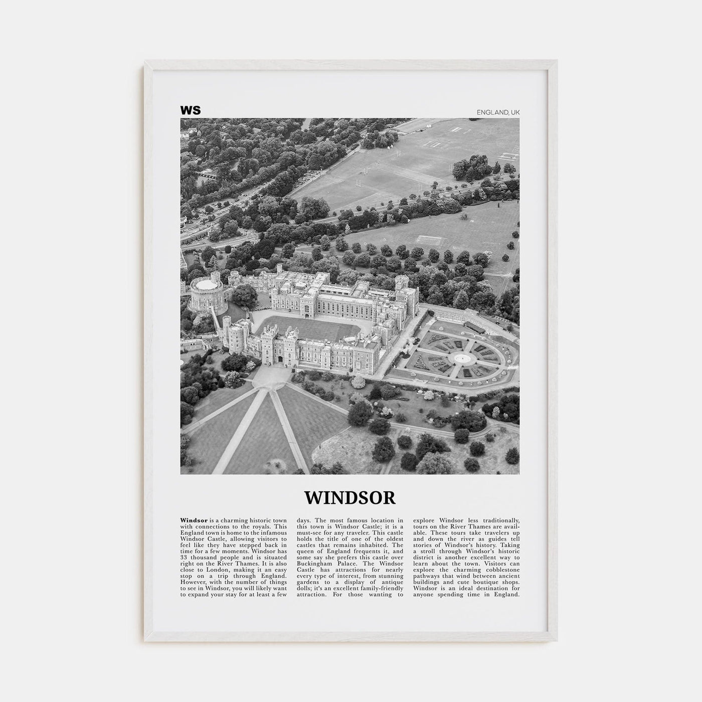 Windsor, England Poster White Wood / 8x12 in Nbourhood Travel B&W Poster