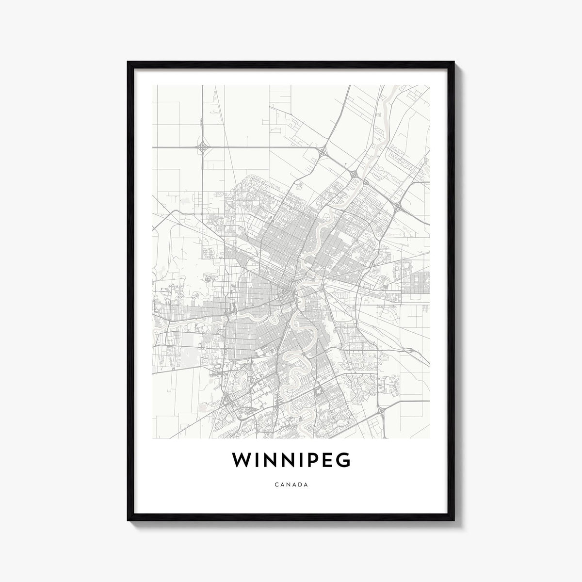 Winnipeg black & white map poster of Manitoba, Canada – vertical wall art, unframed print shown in interior mockup