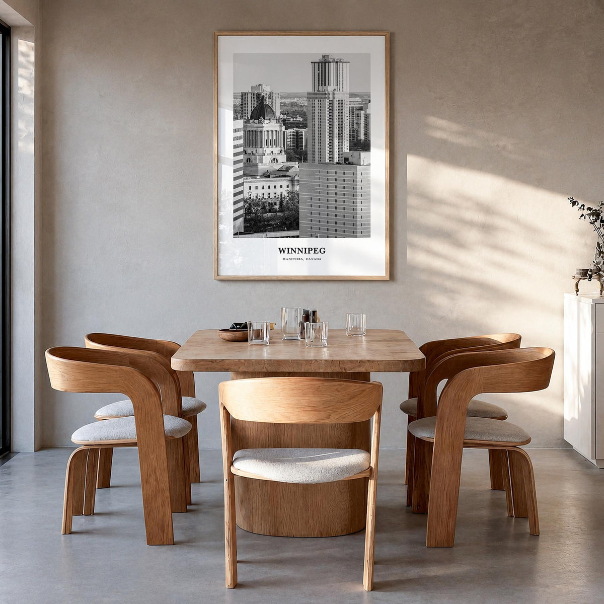 Winnipeg no. 1 black & white classic poster of Manitoba, Canada – vertical wall art in natural wood frame, hanging on wall