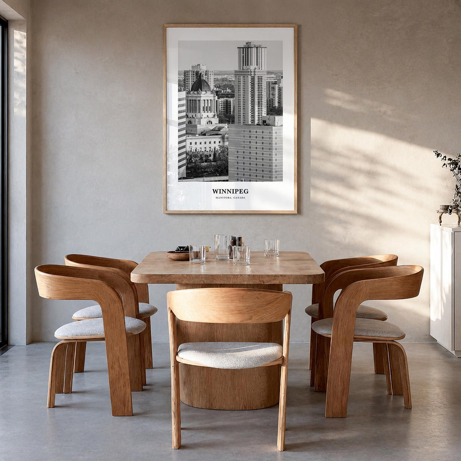 Winnipeg no. 1 black & white classic poster of Manitoba, Canada – vertical wall art in natural wood frame, hanging on wall