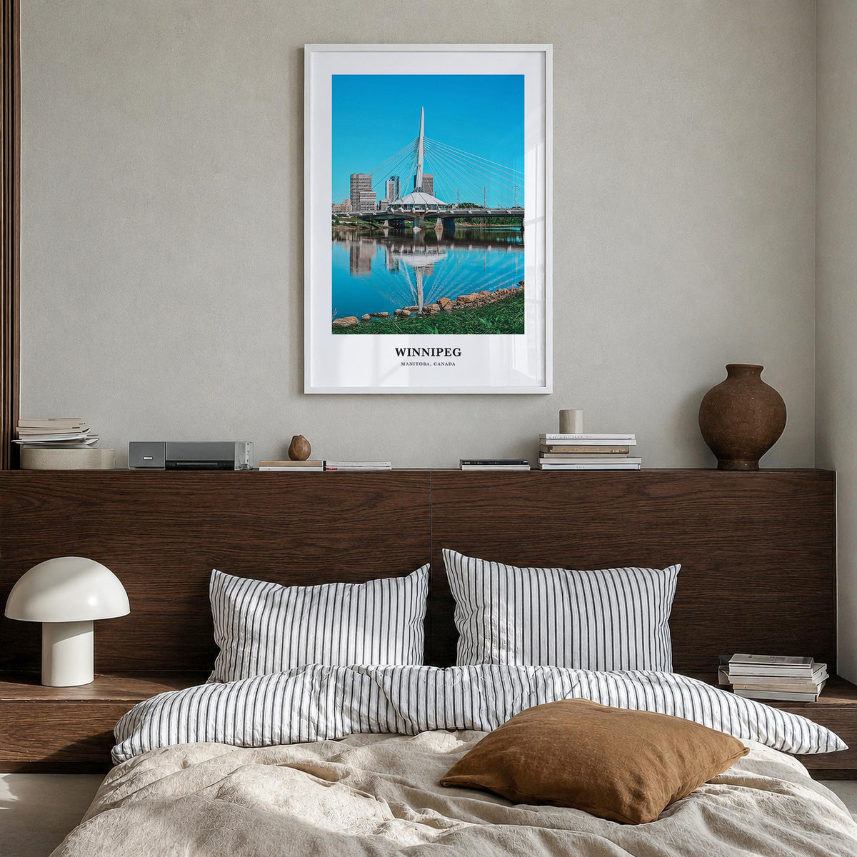 Winnipeg no. 1 colorful classic poster of Manitoba, Canada – vertical wall art in white wood frame, hanging on wall
