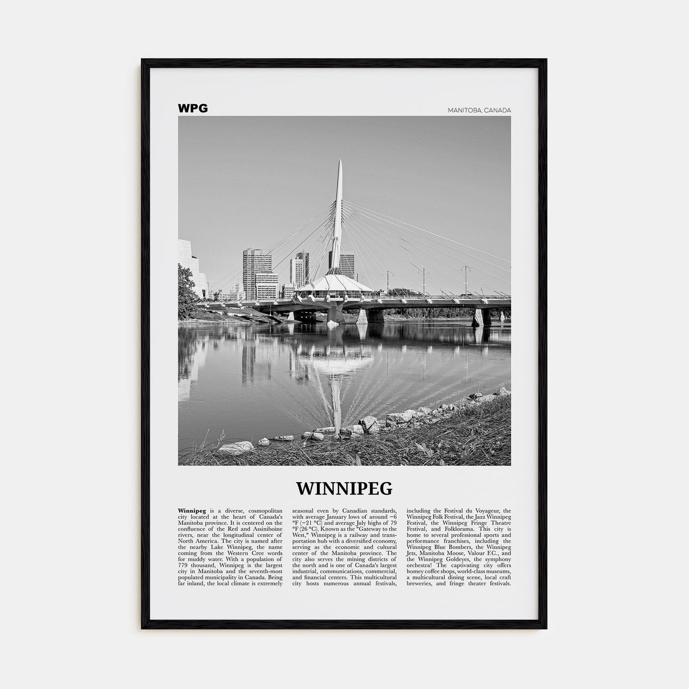 Winnipeg No 1 Poster Black Wood / 8x12 in Nbourhood Travel B&W Poster