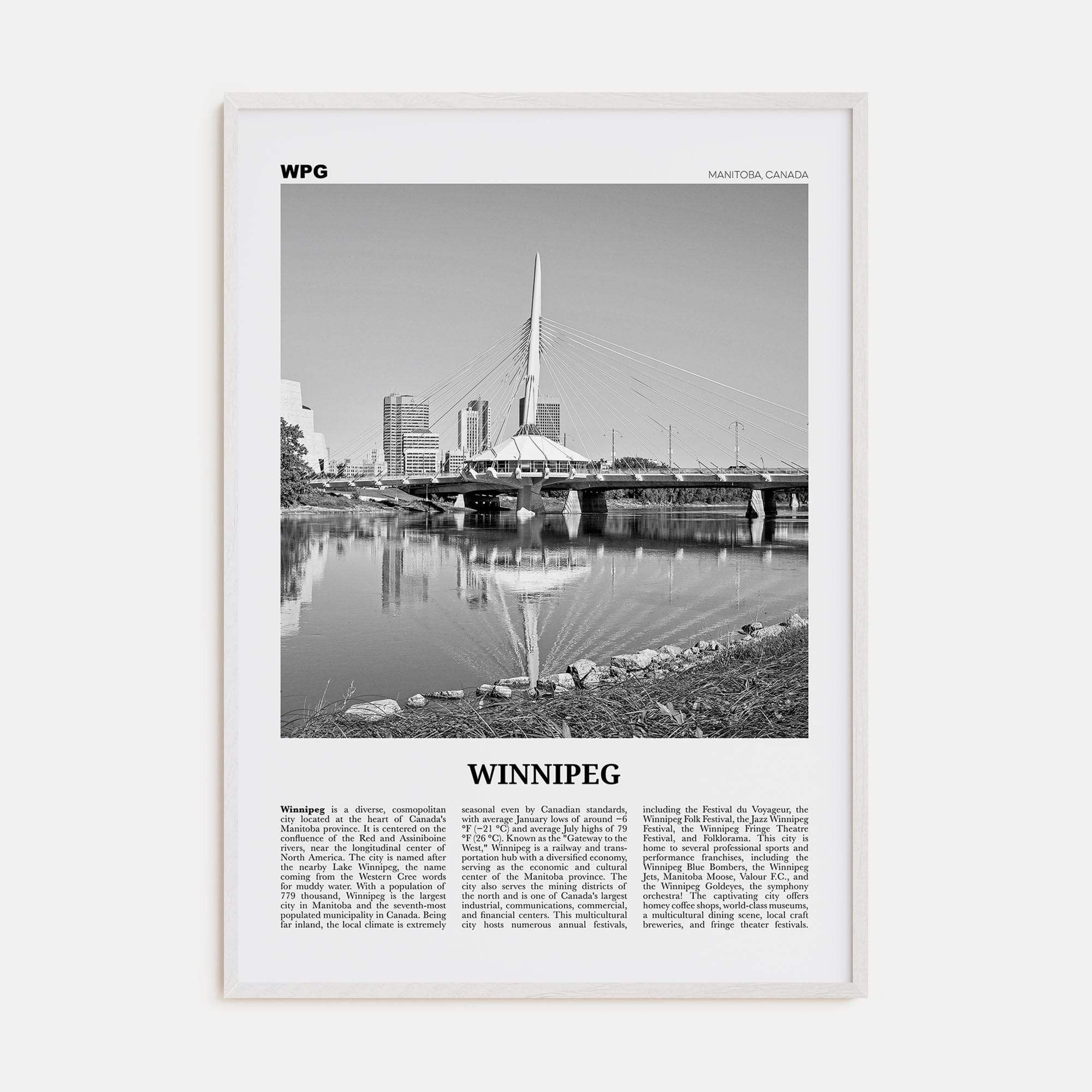 Winnipeg No 1 Poster White Wood / 8x12 in Nbourhood Travel B&W Poster