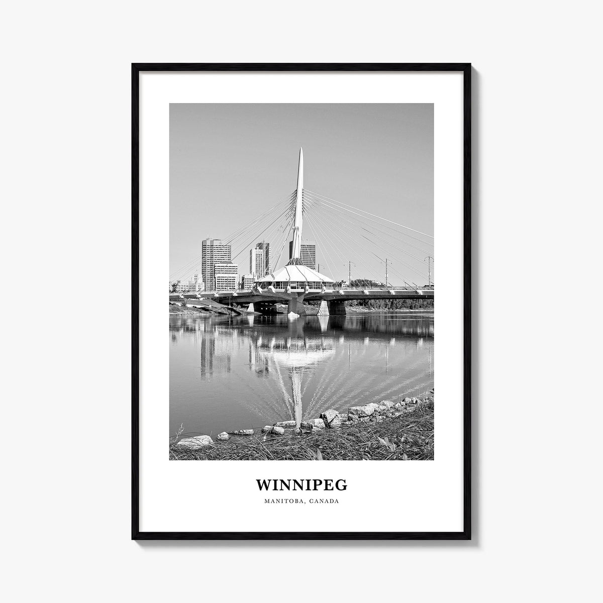 Winnipeg no. 2 black & white classic poster of Manitoba, Canada – vertical wall art, unframed print shown in interior mockup