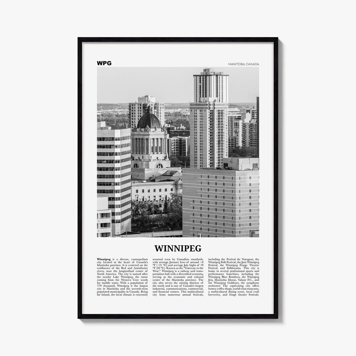 Winnipeg no. 2 black & white newspaper poster of Manitoba, Canada – vertical wall art, unframed print shown in interior mocku