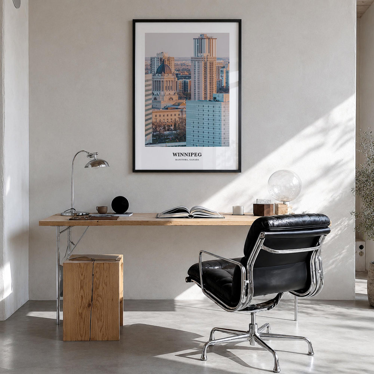 Winnipeg no. 2 colorful classic poster of Manitoba, Canada – vertical wall art in black wood frame, hanging on wall