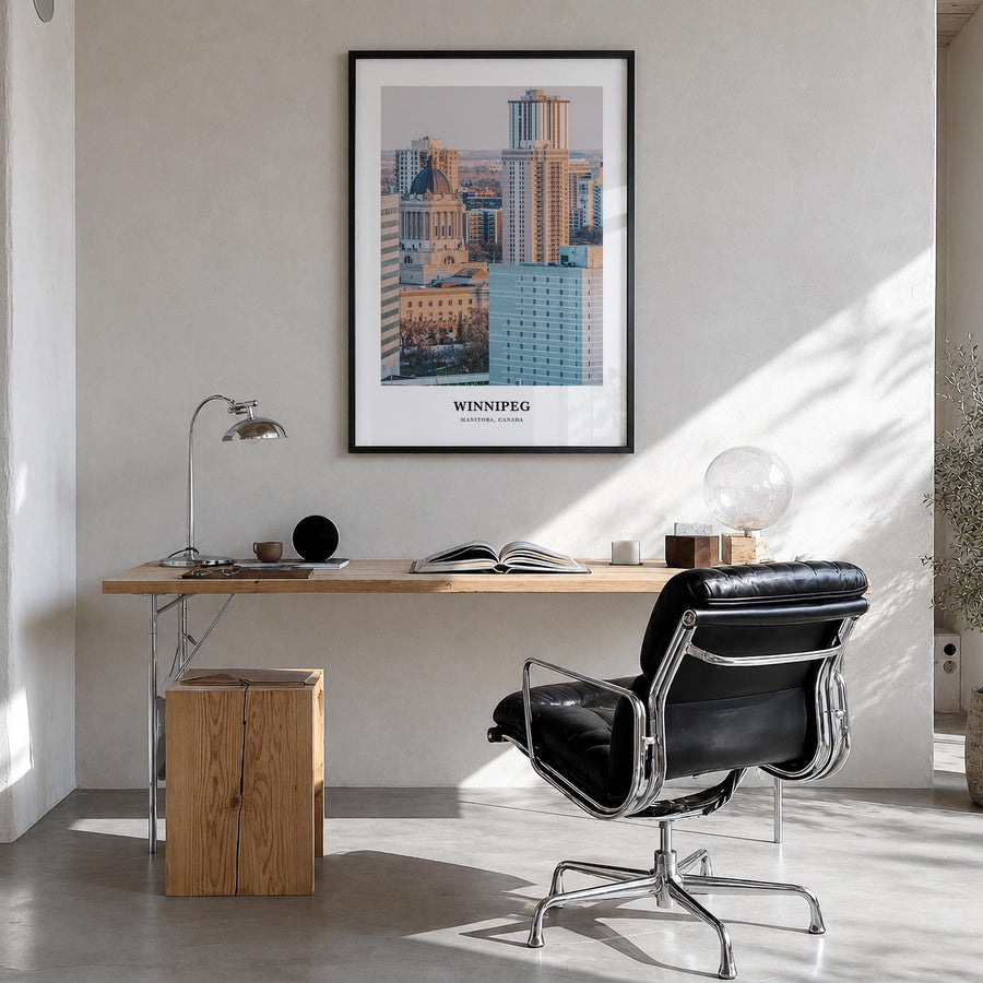 Winnipeg no. 2 colorful classic poster of Manitoba, Canada – vertical wall art in black wood frame, hanging on wall