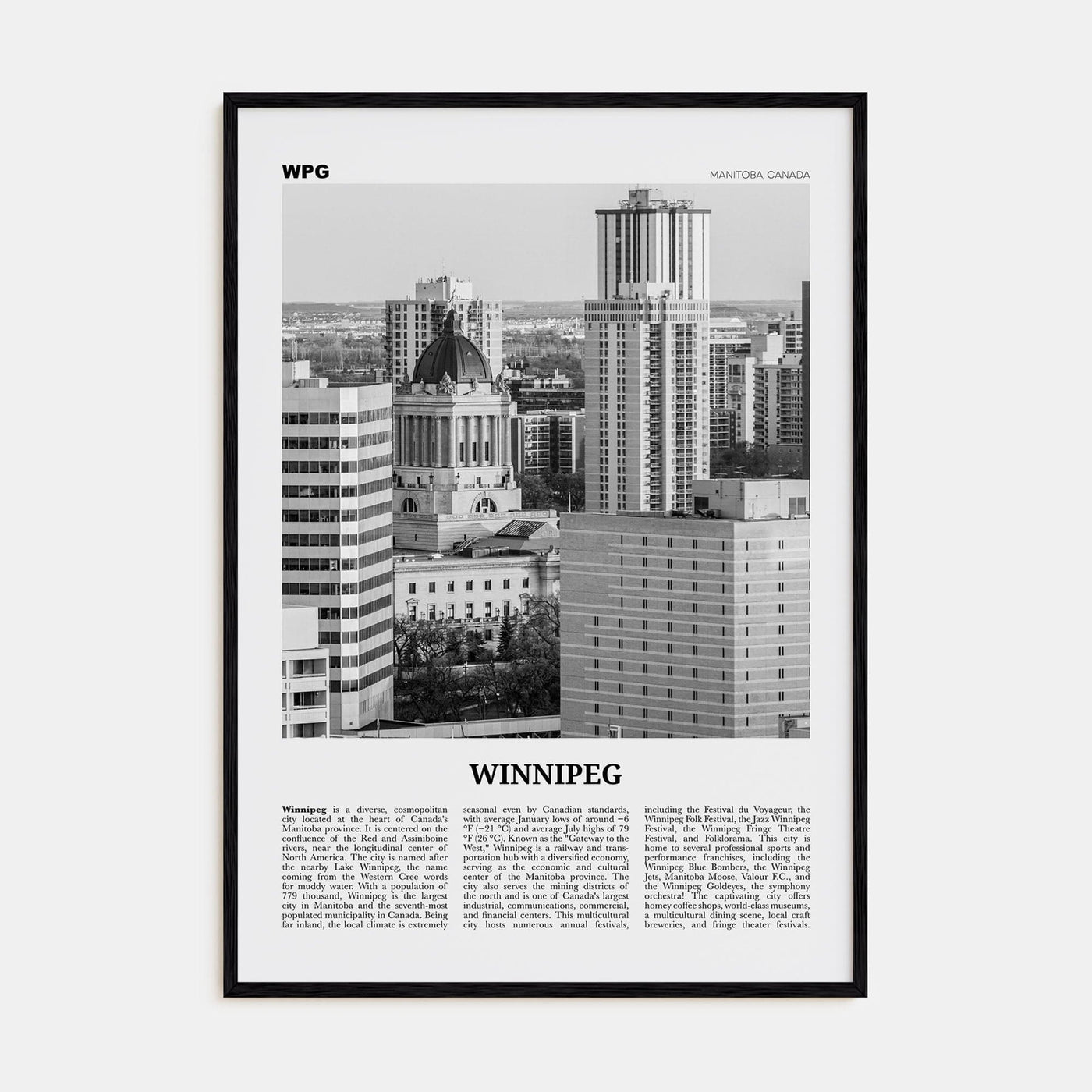 Winnipeg No 2 Poster Black Wood / 8x12 in Nbourhood Travel B&W Poster