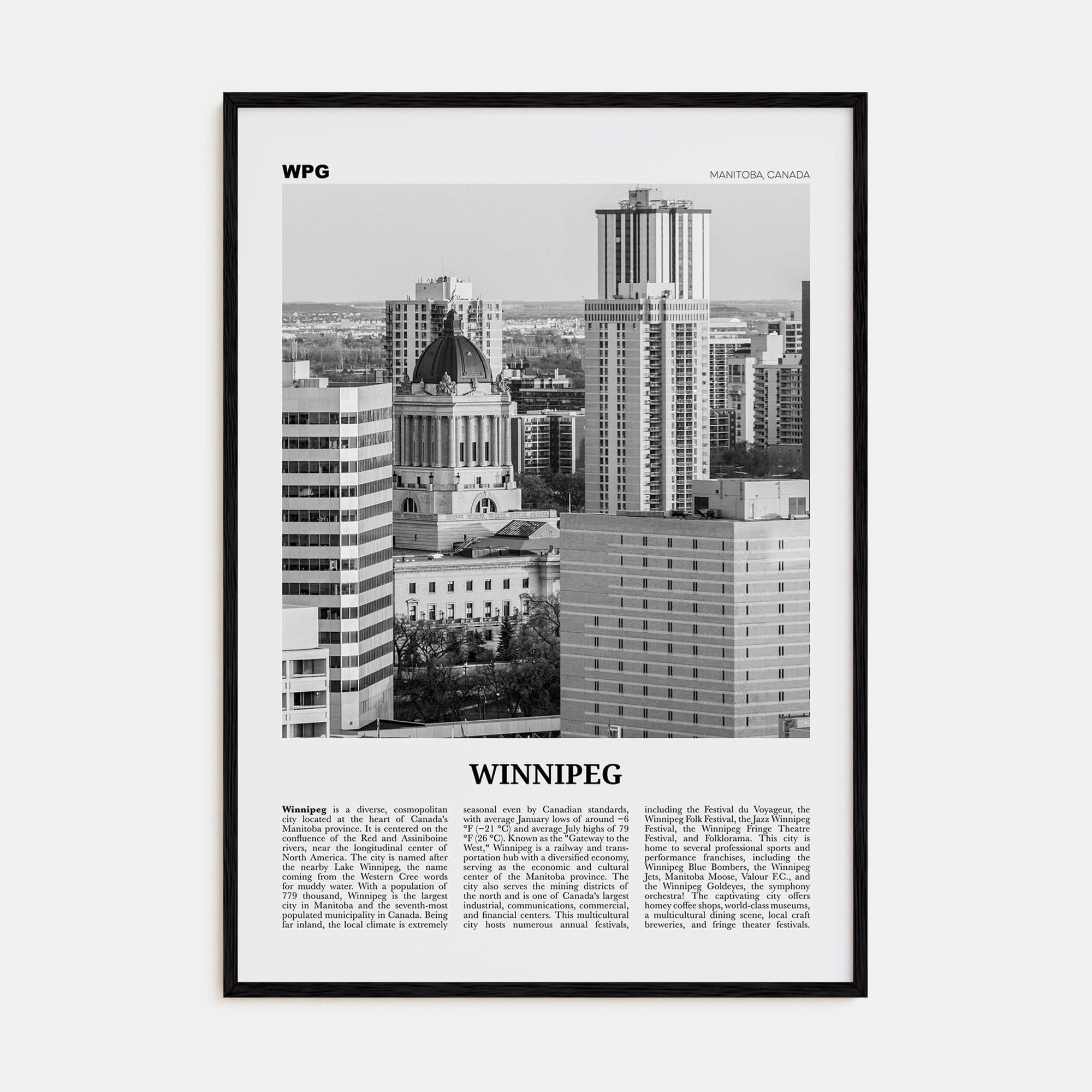 Winnipeg No 2 Poster Black Wood / 8x12 in Nbourhood Travel B&W Poster