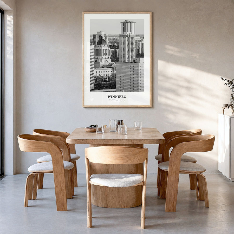 Winnipeg Classic No 1 Poster in a natural wood frame, hanging in a dining room