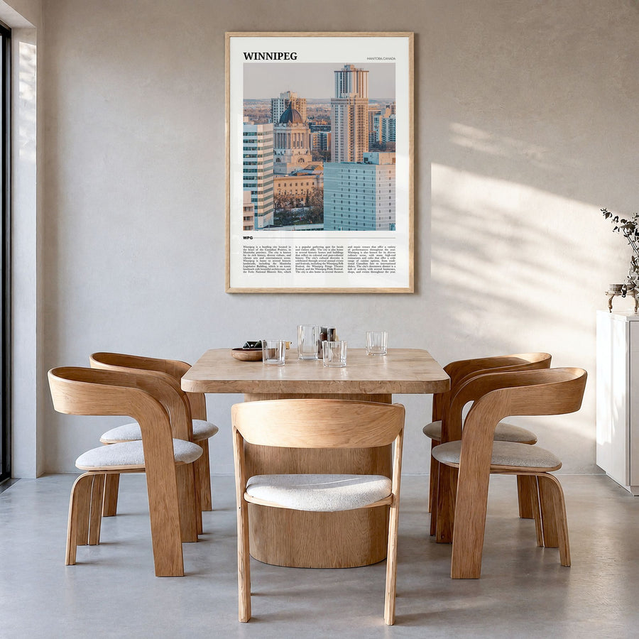 Winnipeg Travel No 2 Poster in a natural wood frame, hanging in a dining room