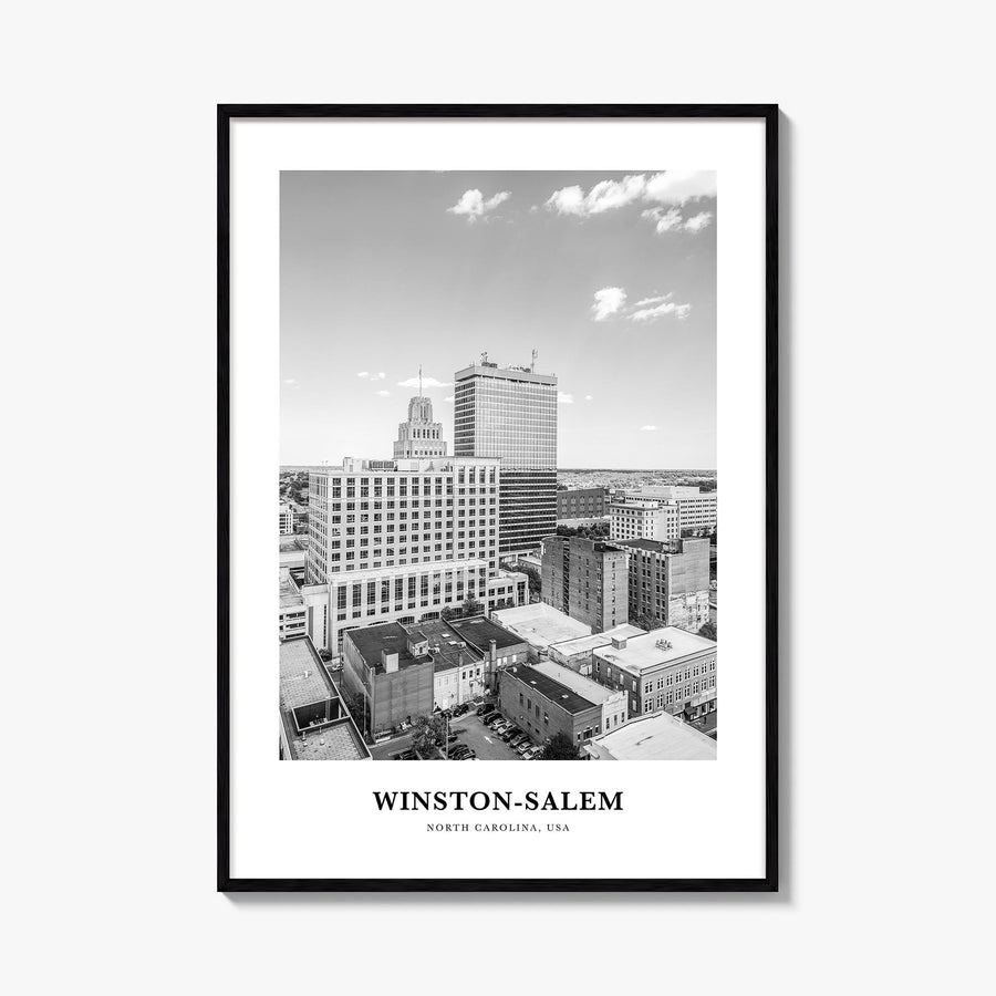 Winston-Salem black & white classic poster of North Carolina, USA – vertical wall art, unframed print shown in interior mocku