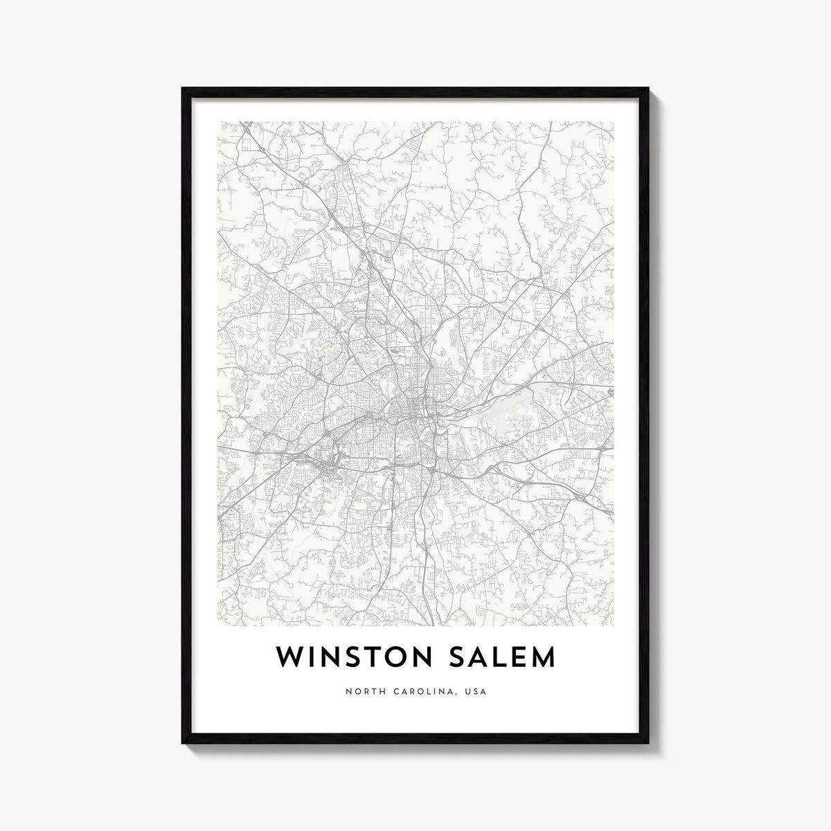 Winston-Salem black & white map poster of North Carolina, USA – vertical wall art, unframed print shown in interior mockup