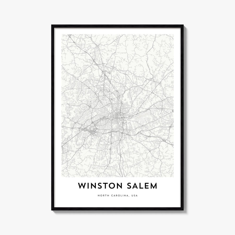 Winston-Salem black & white map poster of North Carolina, USA – vertical wall art, unframed print shown in interior mockup