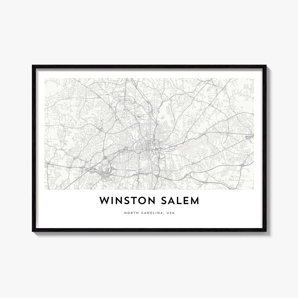 Winston-Salem black & white map poster of North Carolina, USA – horizontal wall art, unframed print shown in interior mockup