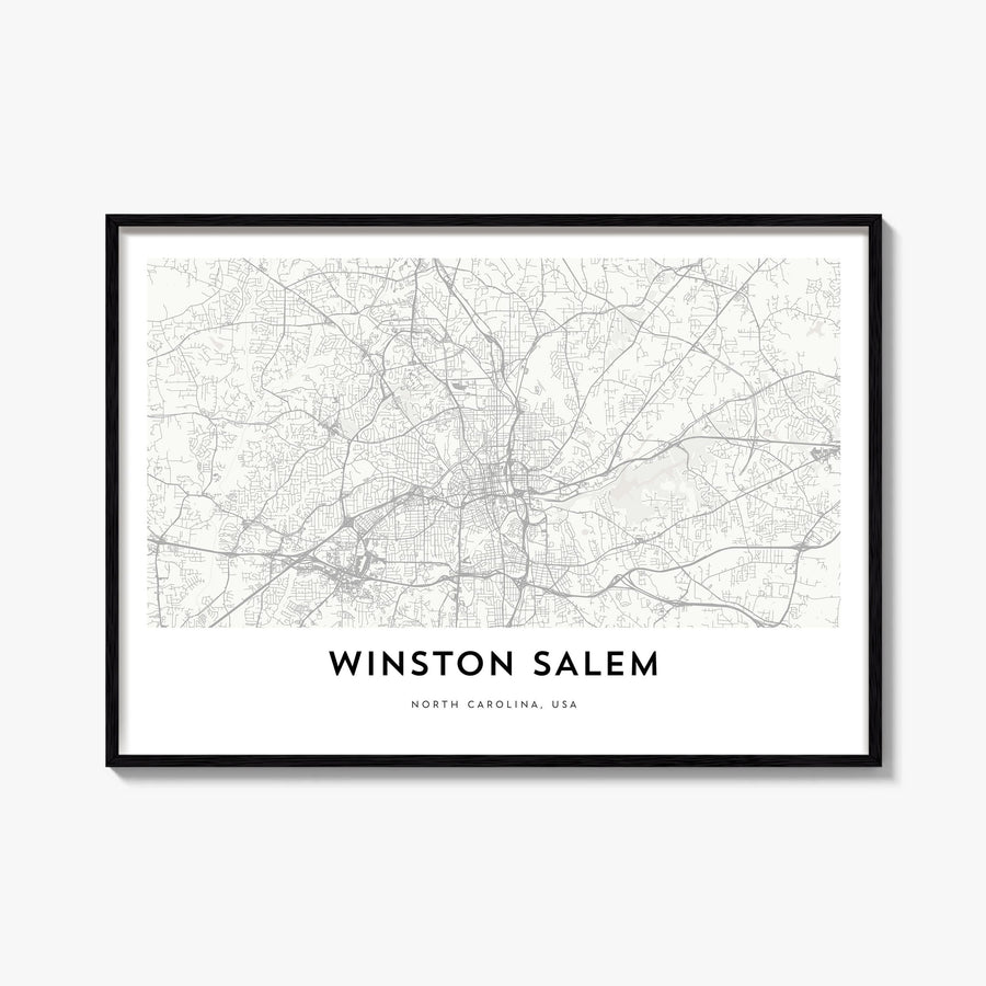 Winston-Salem black & white map poster of North Carolina, USA – horizontal wall art, unframed print shown in interior mockup
