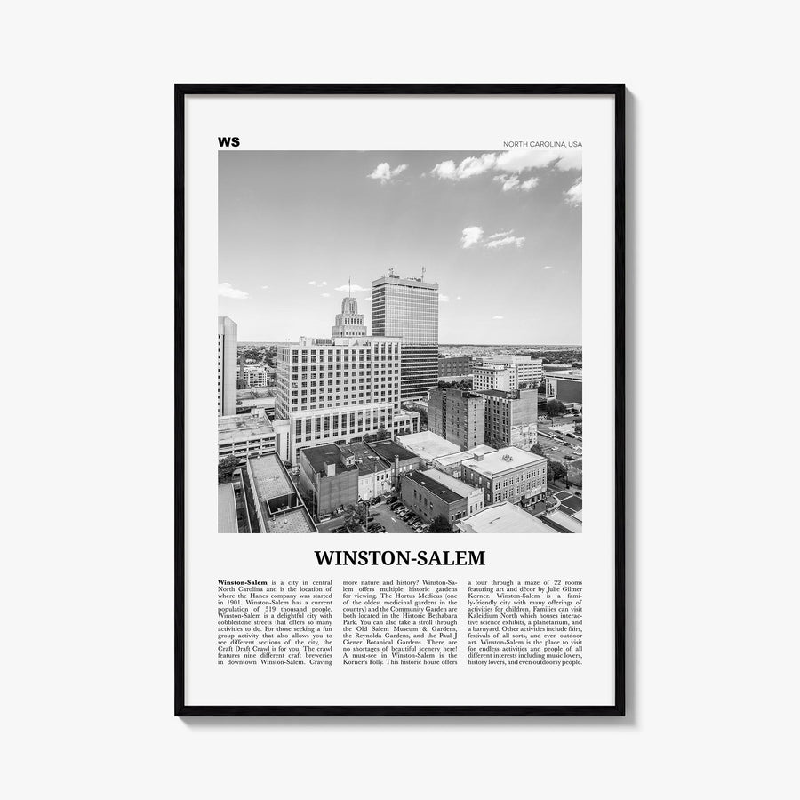 Winston-Salem black & white newspaper poster of North Carolina, USA – vertical wall art, unframed print shown in interior moc