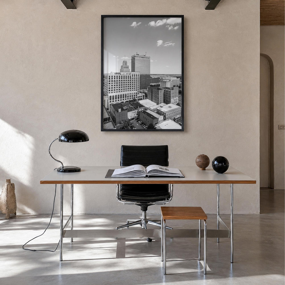 Winston-Salem black & white photo poster of North Carolina, USA – vertical wall art in black wood frame, hanging on wall