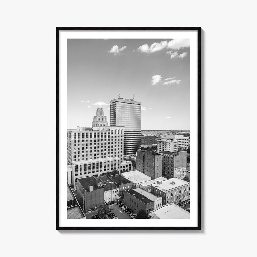 Winston-Salem black & white photo poster of North Carolina, USA – vertical wall art, unframed print shown in interior mockup