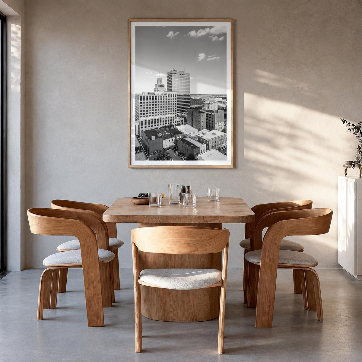 Winston-Salem black & white photo poster of North Carolina, USA – vertical wall art in natural wood frame with white border, 