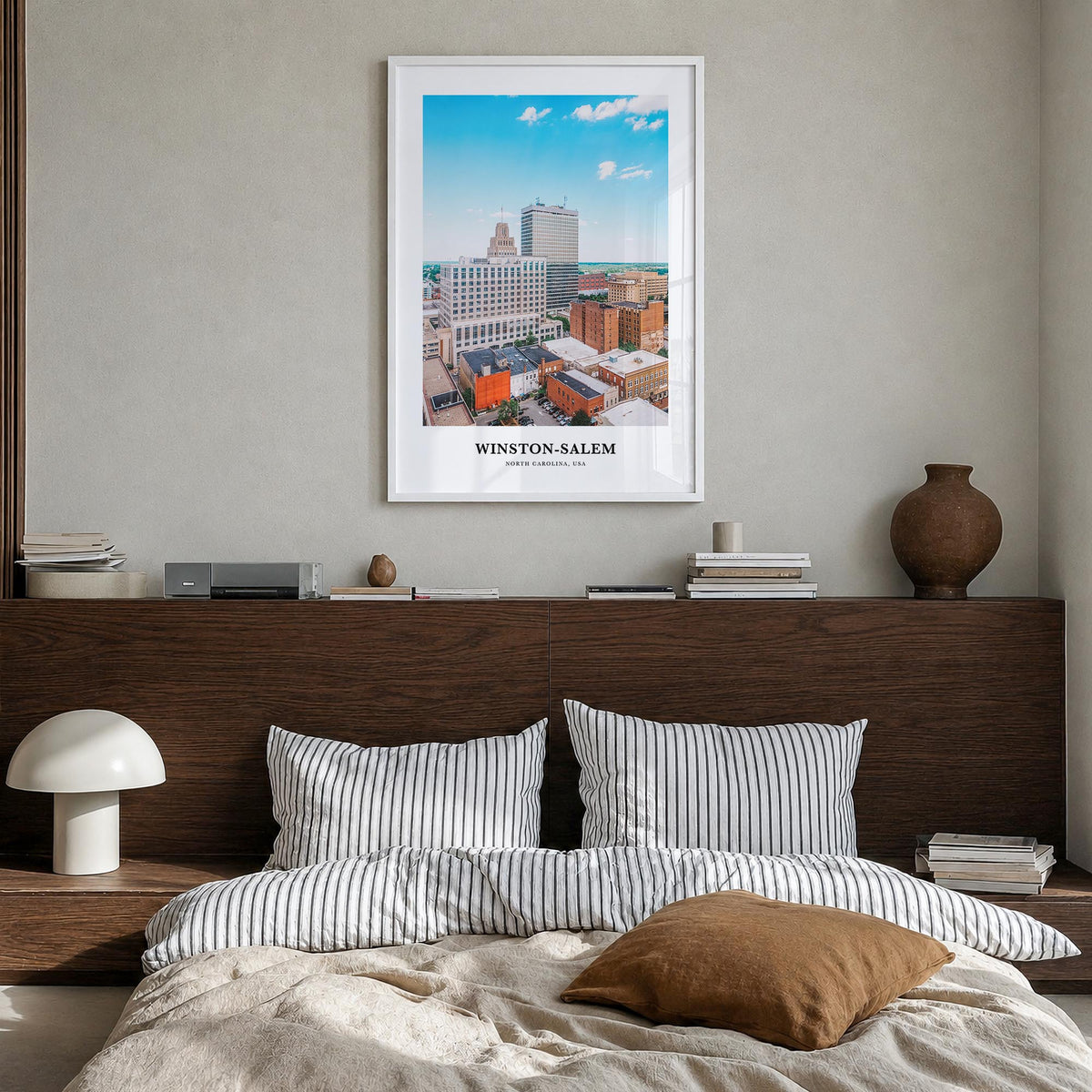 Winston-Salem colorful classic poster of North Carolina, USA – vertical wall art in white wood frame, hanging on wall