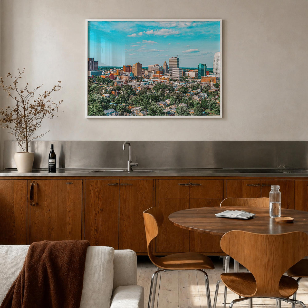 Winston-Salem colorful photo poster of North Carolina, USA – horizontal wall art in white wood frame, hanging on wall