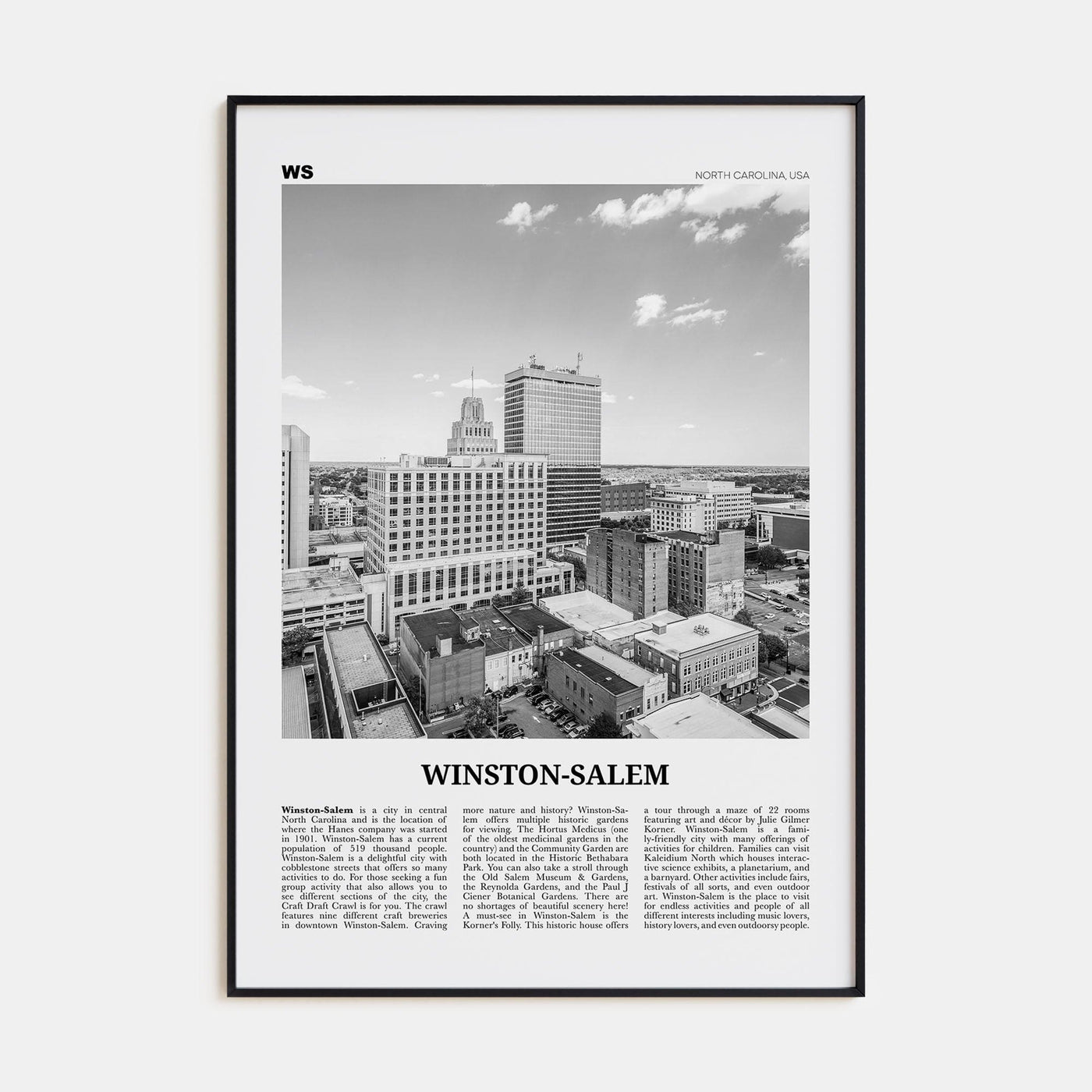 Winston-Salem Poster Black Metal / 8x12 in Nbourhood Travel B&W Poster