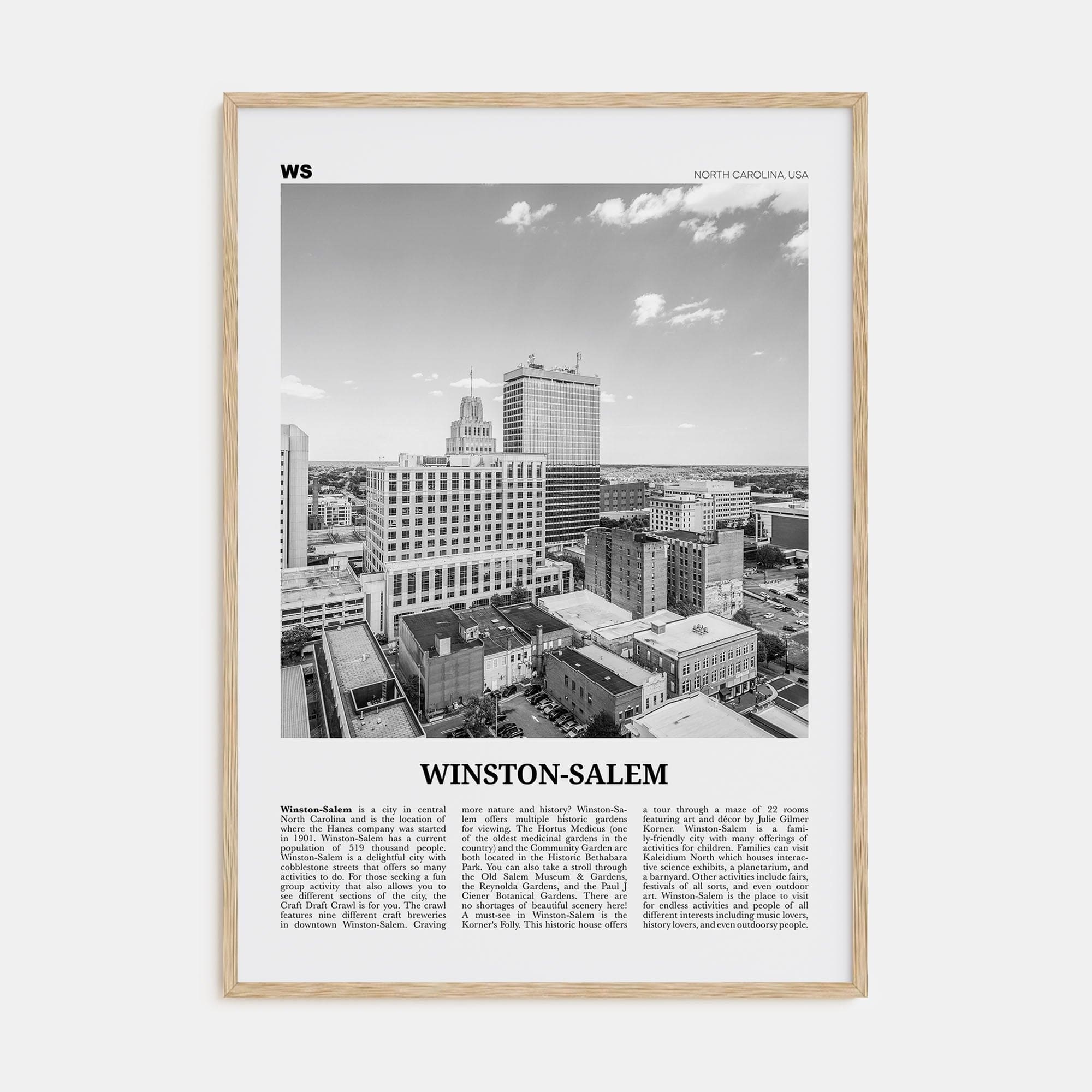 Winston-Salem Poster Natural Wood / 8x12 in Nbourhood Travel B&W Poster