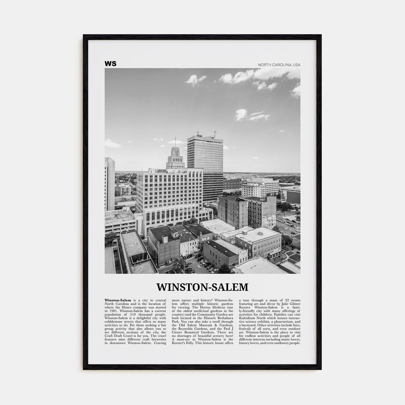 Winston-Salem Poster Black Wood / 8x12 in Nbourhood Travel B&W Poster