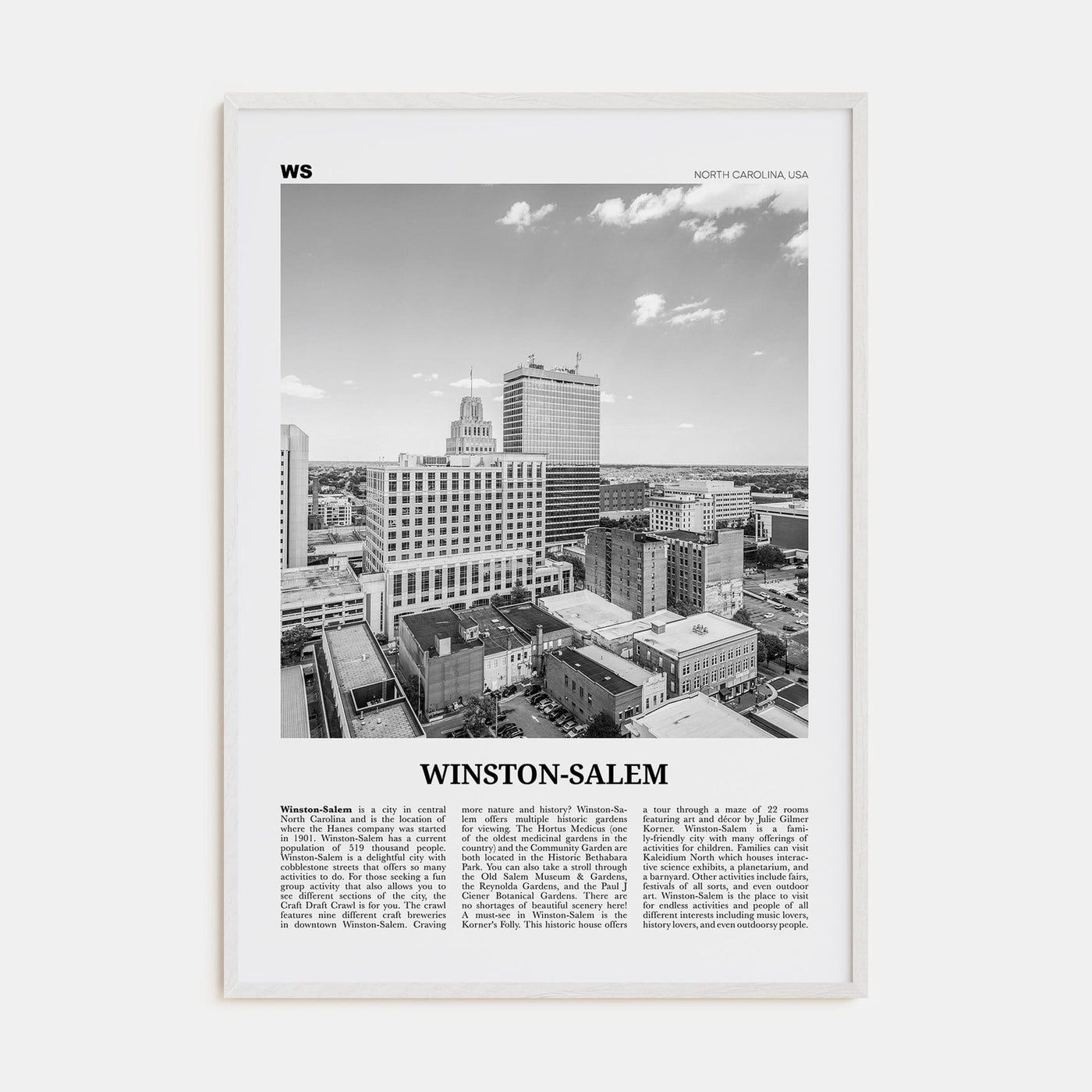 Winston-Salem Poster White Wood / 8x12 in Nbourhood Travel B&W Poster