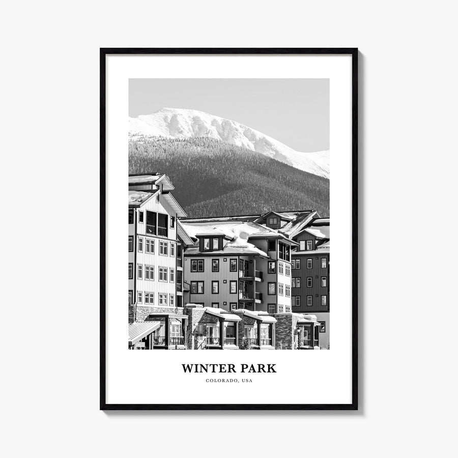 Winter Park black & white classic poster of Colorado, USA – vertical wall art, unframed print shown in interior mockup