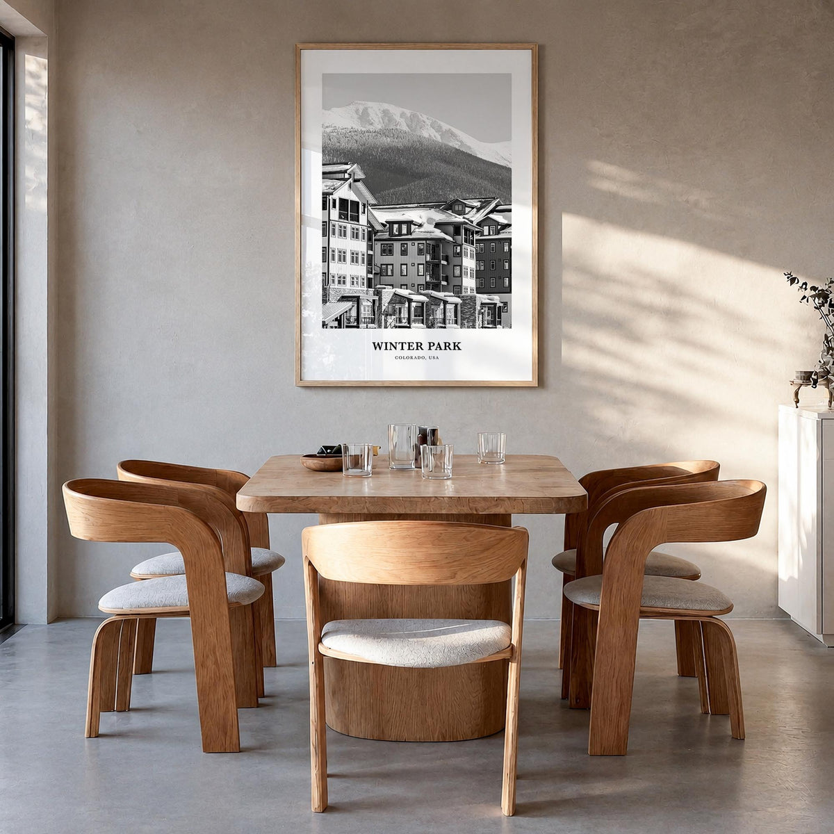 Winter Park black & white classic poster of Colorado, USA – vertical wall art in natural wood frame, hanging on wall